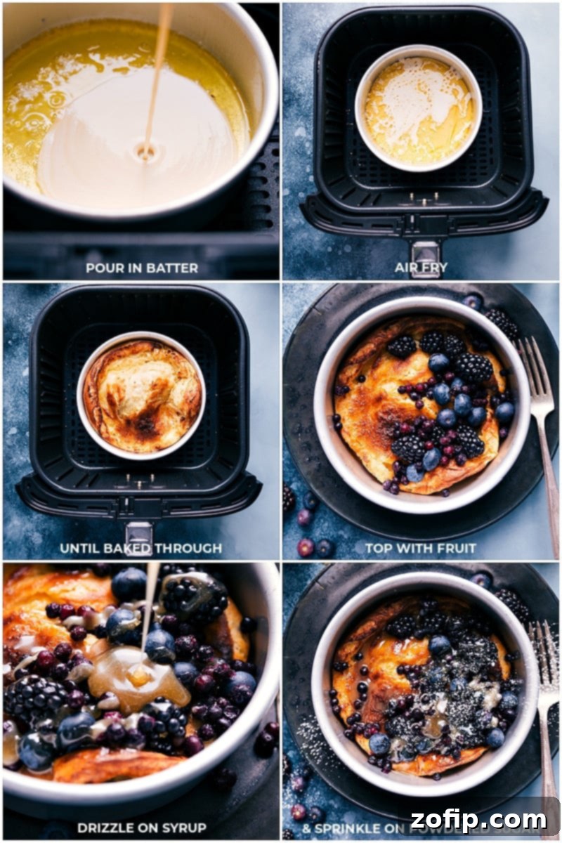 Enjoy a perfectly baked Air Fryer Dutch Baby, golden and fluffy, topped with your favorite fresh ingredients and a delicious vanilla sauce. Cooked Air Fryer Dutch Baby pancake with melted butter in the pan, golden and ready for toppings.
