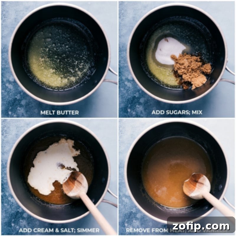 Prepare a simple and delicious vanilla syrup to complement your Air Fryer Dutch Baby, enhancing its flavor profile with sweet richness. Process of making homemade vanilla syrup, showing butter, brown sugar, granulated sugar, and cream melting in a pot on the stove.