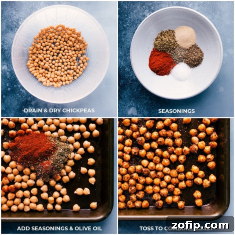 You won’t miss the meat in these Vegetarian Gyros--they're loaded with robustly-seasoned and perfectly roasted chickpeas, a medley of veggies, and our favorite Tzatziki sauce. #dinner #healthy #whole #whole30 #best #quick #easy #simple #greek #vegetarian #gyros Process shots for making crispy roasted chickpeas for Vegetarian Gyros, including draining, seasoning, mixing, and baking on a sheet pan.