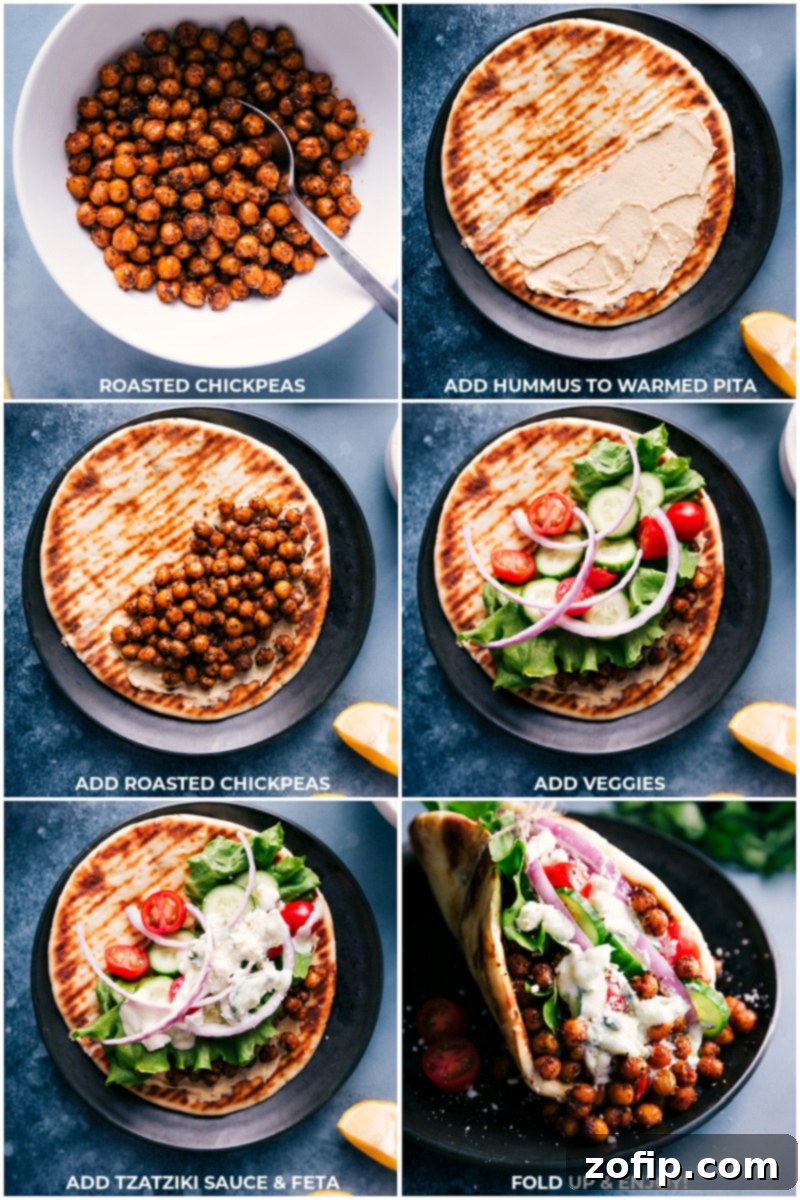 You won’t miss the meat in these Vegetarian Gyros. This easy, weeknight meal can be ready in about 30 minutes or less if you’ve got an air fryer! #dinner #healthy #whole #whole30 #best #quick #easy #simple #greek #vegetarian #gyros Process shots for assembling Vegetarian Gyros: spreading hummus on pita, adding roasted chickpeas, fresh vegetables, and Tzatziki sauce, then folding.