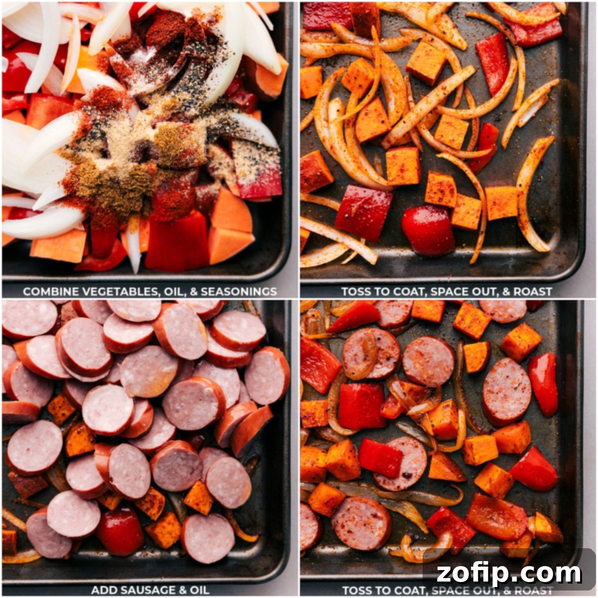 Cubed sweet potatoes, sliced smoked sausage, and red bell peppers generously seasoned and drizzled with olive oil, perfectly arranged on a baking sheet, ready for the oven.