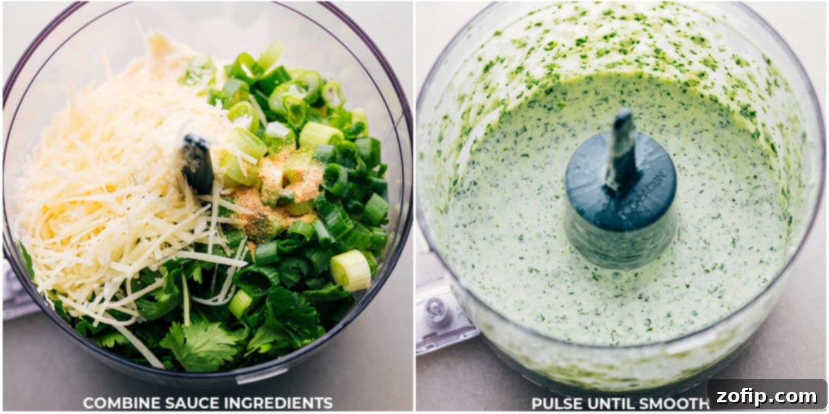 A vibrant green cilantro and green onion sauce being blended in a food processor, highlighting the freshness of the ingredients.