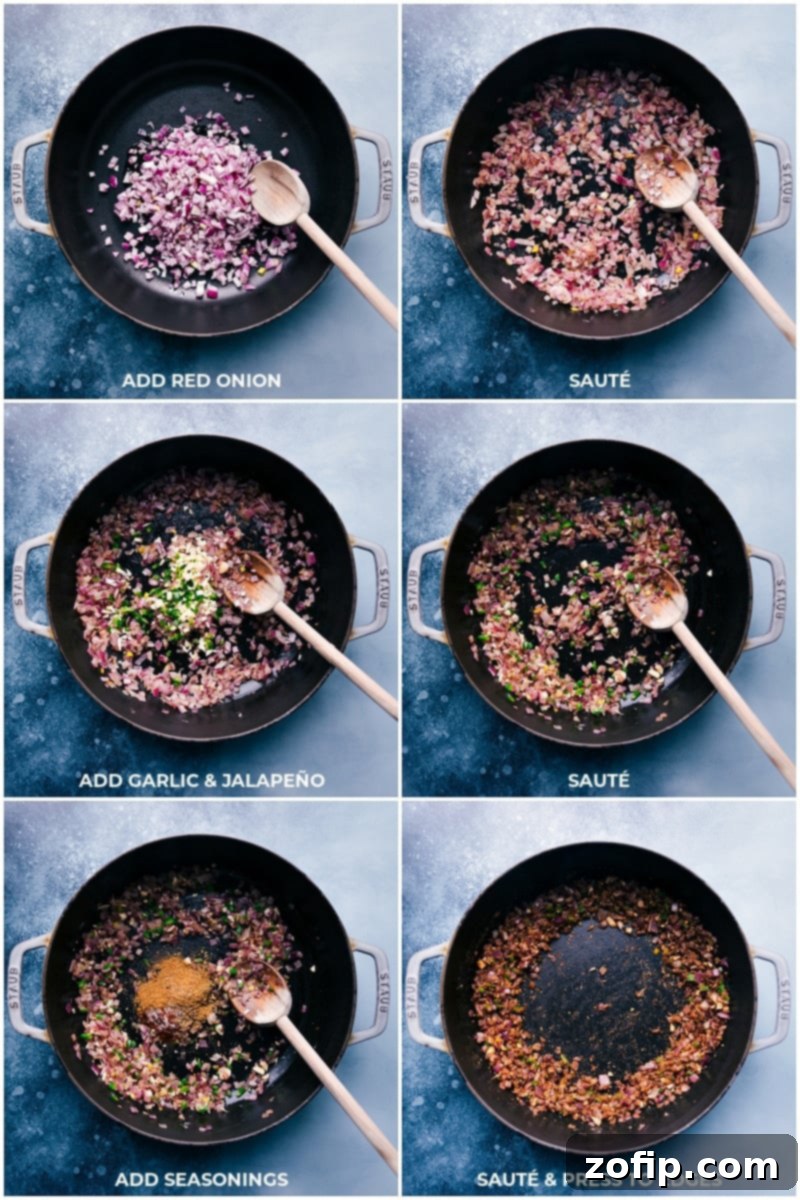 Process shots of sautéing onions, garlic, jalapeño, and spices for ground pork tacos.