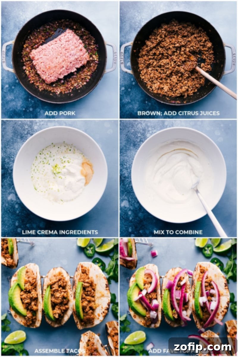 Process shots of browning ground pork, preparing lime crema, and assembling tacos with toppings.