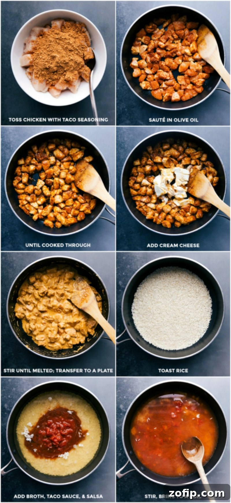 Close-up of seasoned chicken breast pieces sautéing in a hot nonstick skillet, with cubes of softened cream cheese nearby, ready to be added to the pan.