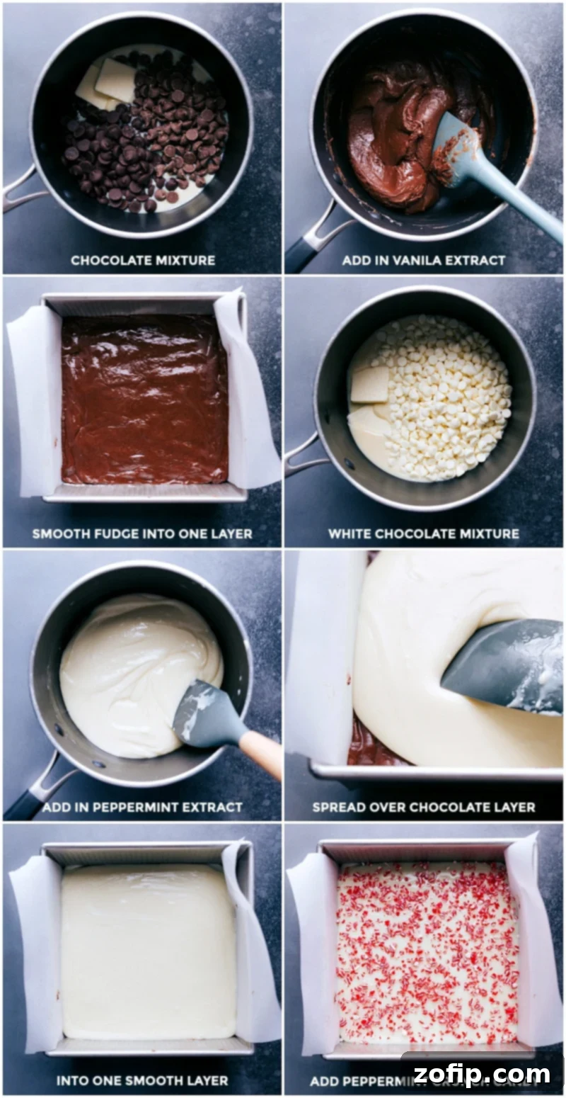 The process of preparing Peppermint Fudge: melted chocolates being prepped and layered in a pan.