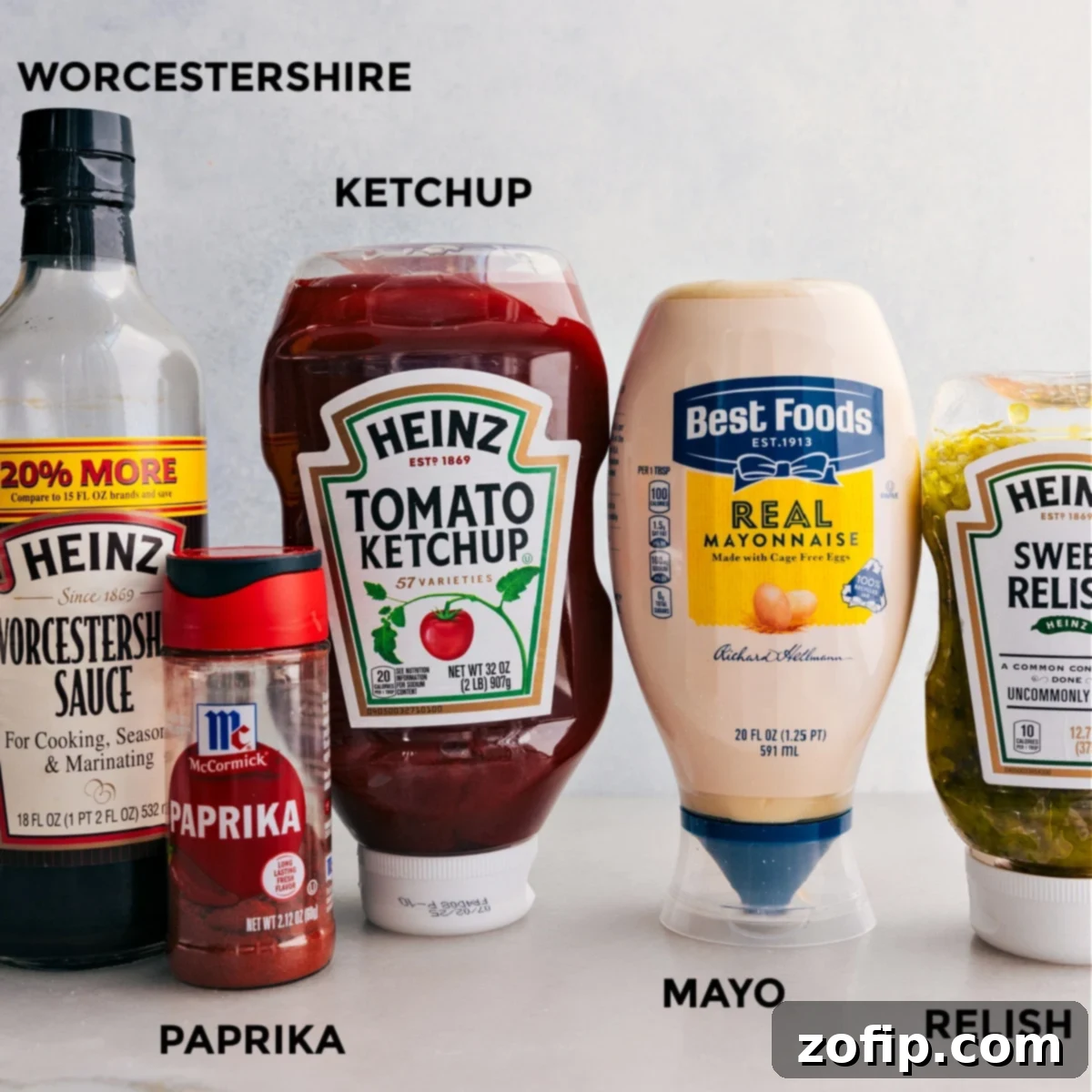 Ingredients In Fry Sauce All the essential ingredients for homemade fry sauce: ketchup, mayonnaise, pickle relish, paprika, and Worcestershire sauce, neatly arranged for easy preparation.