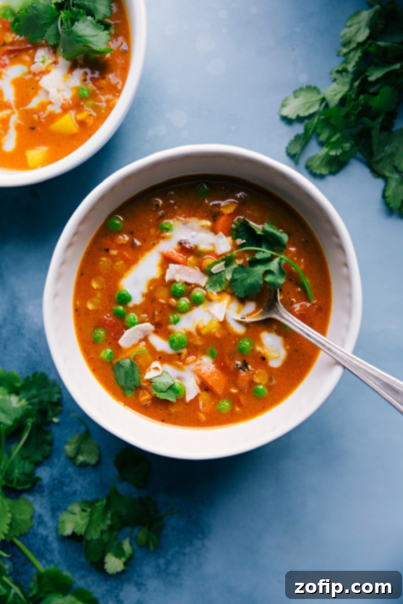 A comforting and nutritious Curry Lentil Soup, perfect for a healthy and easy dinner. This vegan and protein-rich meal combines red lentils, vegetables, curry, and coconut milk. Two bowls of vibrant Curry Lentil Soup, garnished with fresh herbs and a drizzle of coconut milk, ready to be enjoyed.