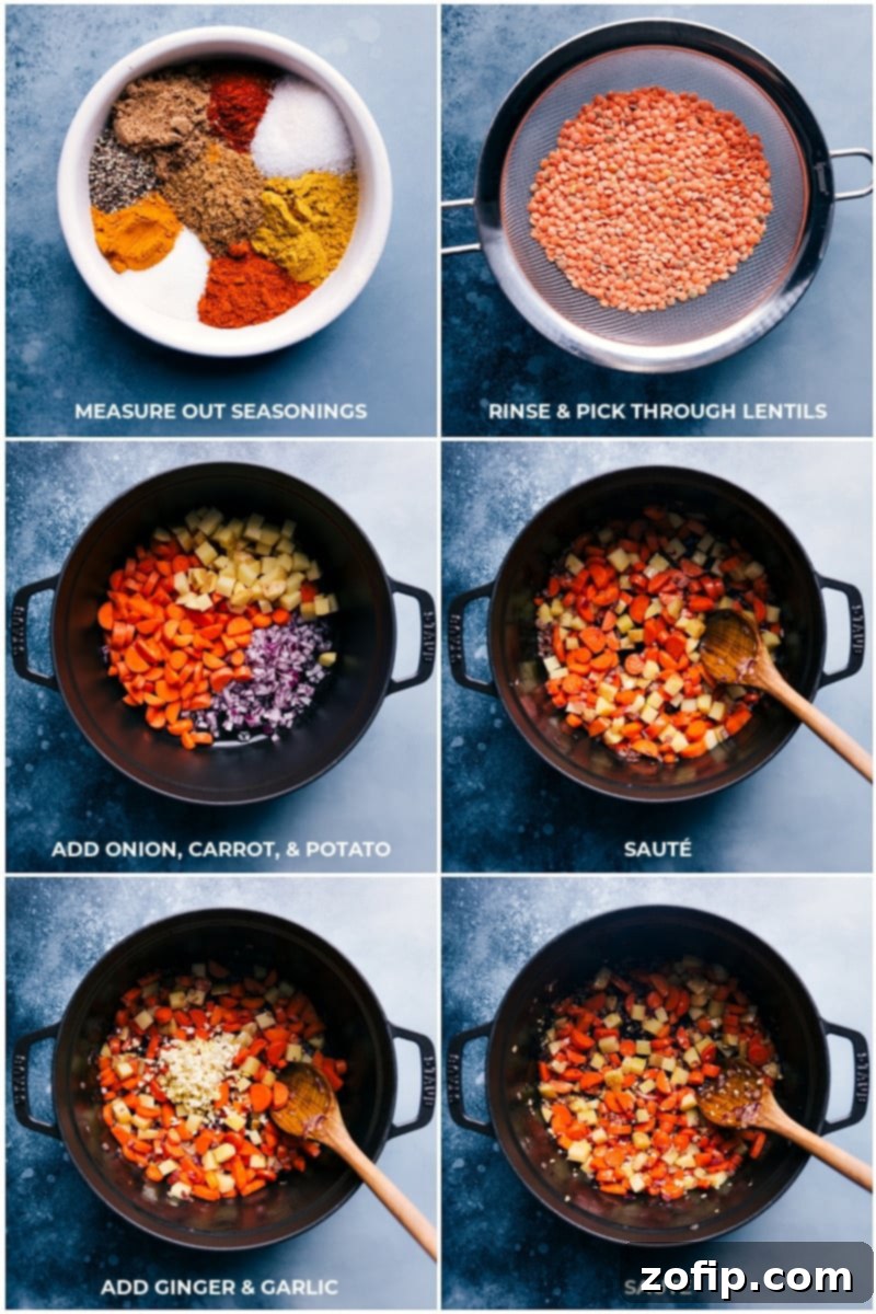 The initial stages of making Curry Lentil Soup: sautéing aromatic vegetables before adding red lentils and spices for a rich base. A large cast-iron pot on the stove, showing finely diced vegetables being sautéed, with red lentils about to be added to the fragrant mix.