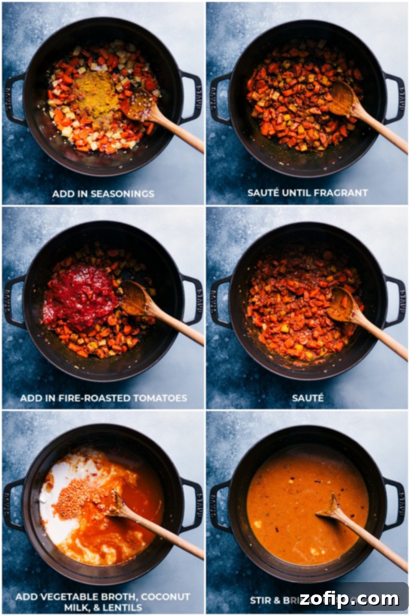 The layers of flavor for Curry Lentil Soup: spices, tomatoes, broth, and coconut milk combine for a rich and hearty meal. Process shots showing various ingredients being added to the simmering Curry Lentil Soup: a blend of spices, fire-roasted tomatoes, vegetable broth, and creamy coconut milk.