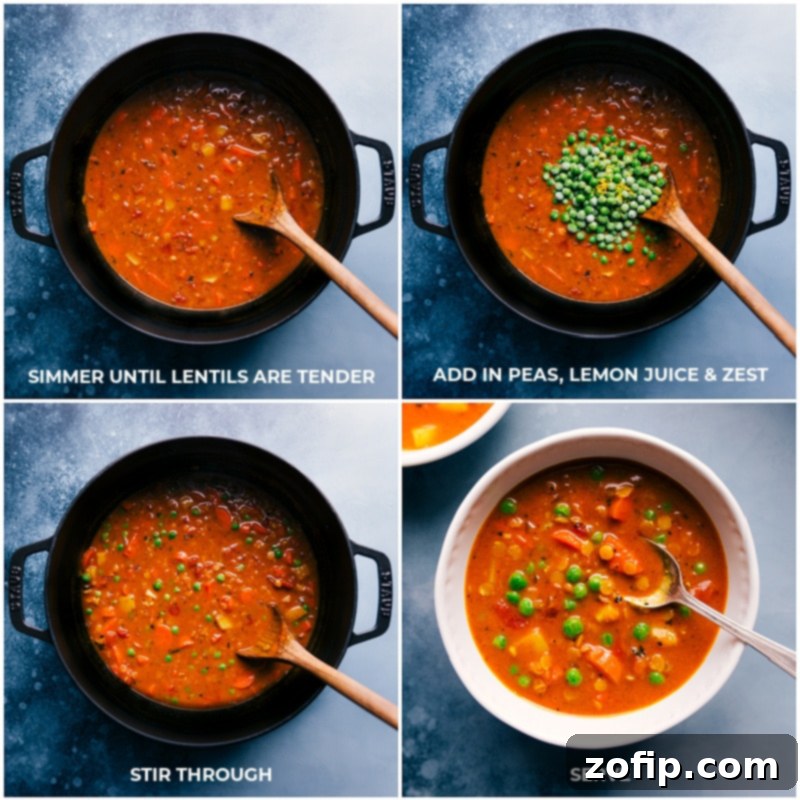 Serve this comforting and easy Curry Lentil Soup for a wholesome and satisfying meal, garnished with your favorite fresh toppings. The finished Curry Lentil Soup simmering gently in a cast-iron pot, garnished with fresh cilantro and a swirl of coconut milk, ready for serving.