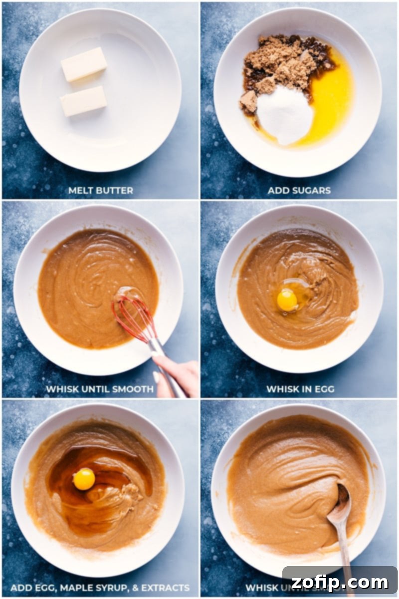 Combining Wet Ingredients for Maple Cookies Mixing the wet ingredients for the maple cookie dough in a bowl, showing a smooth, creamy texture.