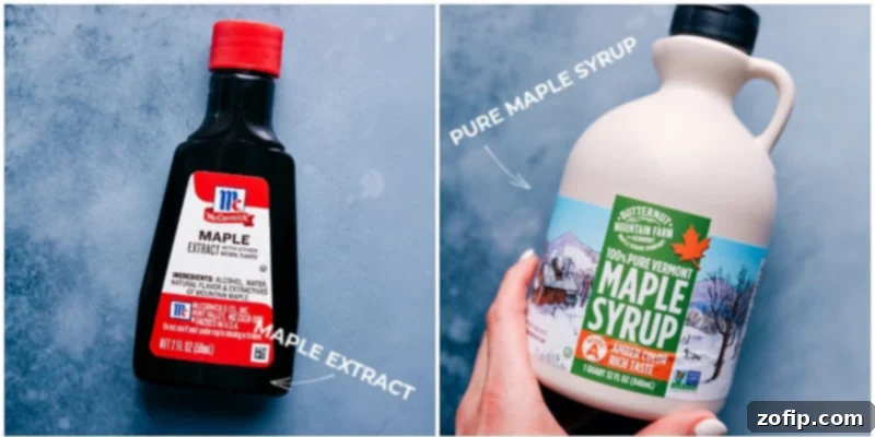 Essential Ingredients for Maple Cookies Key ingredients, maple extract and pure maple syrup, prominently displayed for a maple cookies recipe, emphasizing their importance.