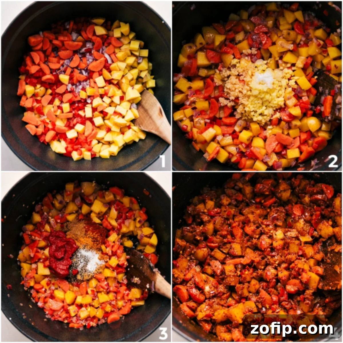Step-by-step cooking process of Vegetable Masala: first, diced vegetables sautéing in a large pot, followed by the addition of aromatic spices and tomato paste, stirring to combine the rich flavors.