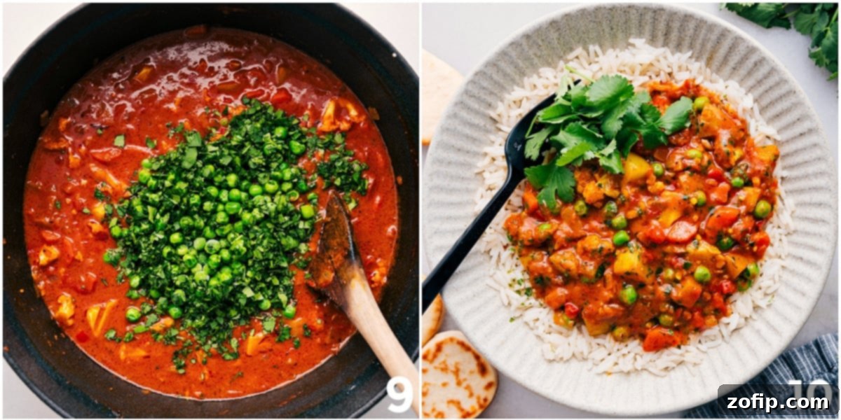 The finished Vegetable Masala, garnished with fresh cilantro and green peas, beautifully plated alongside fluffy basmati rice and warm naan bread, ready to be enjoyed.
