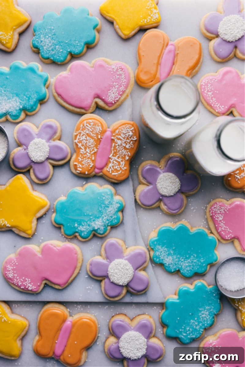 The ultimate Cut-Out Sugar Cookie Recipe for easy, delicious, and perfectly shaped cookies with simple, tasty icing. Ideal for decorating. Overhead image of the Cut-Out Sugar Cookie Recipe on a platter, showcasing beautifully decorated cookies.