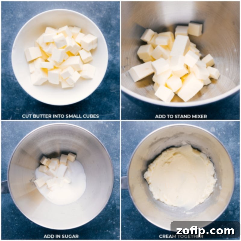 Creaming butter and sugar: the first step to making the best cut-out sugar cookies with minimal chilling and delicious icing. Process shots showing butter and granulated sugar being creamed together in a mixing bowl.