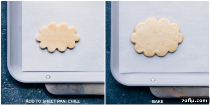 Before and after baking: our Cut-Out Sugar Cookie Recipe ensures minimal spread and perfectly preserved shapes. Process shots of Cut-Out Sugar Cookie recipe, showing cookies before and after baking, demonstrating minimal spread.