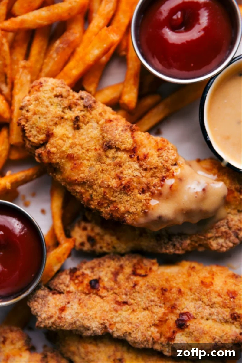 Close-up of golden brown, crispy Air Fryer Chicken Tenders, perfectly seasoned and ready to serve.
