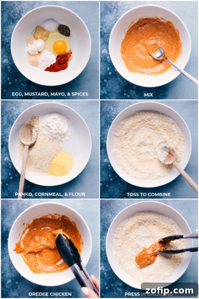 Step-by-step process of preparing air fryer chicken tenders: showing separate bowls for the wet batter mixture (egg, mayo, spices) and the dry breading mixture (panko, cornmeal, flour), with chicken tenders being dredged and coated.