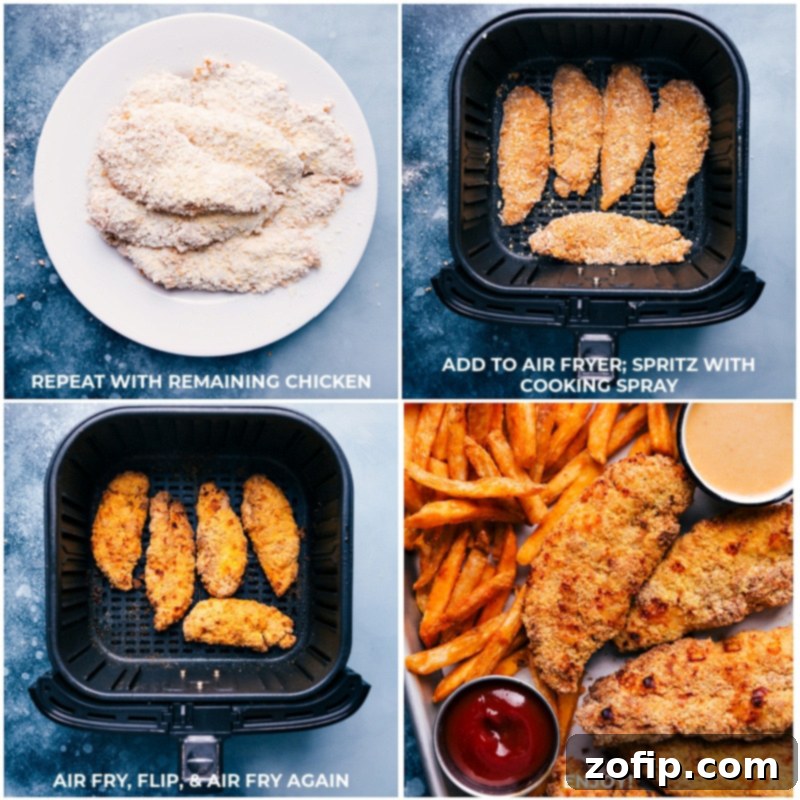 Process shots: crispy air fryer chicken tenders cooking inside the air fryer basket, showing even browning.