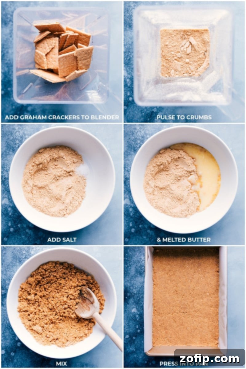Step-by-step process of preparing the graham cracker crust for Magic Bars, highlighting the foundation of this delicious treat.