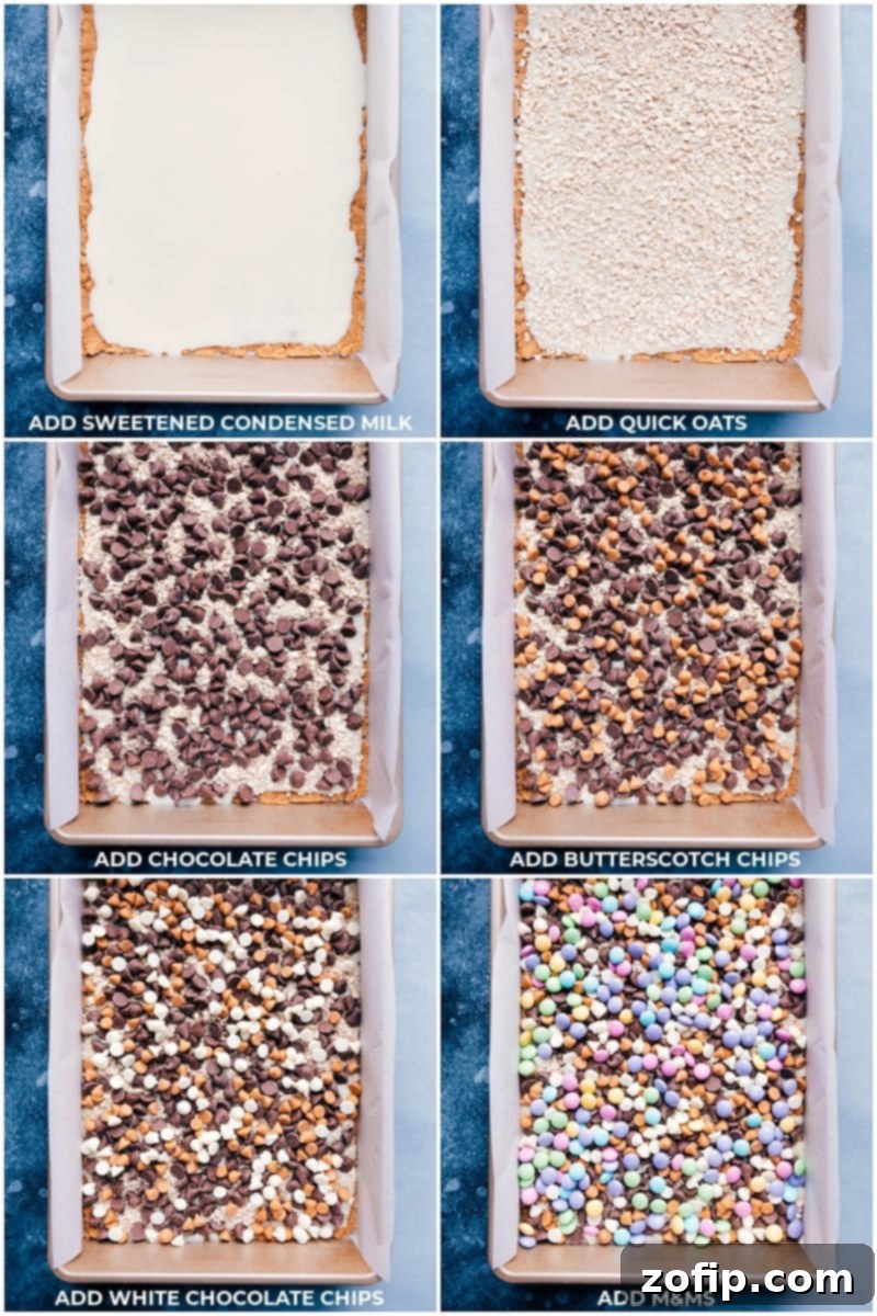 The process of layering all the delicious components of Magic Bars into the baking pan, showcasing each distinct level.