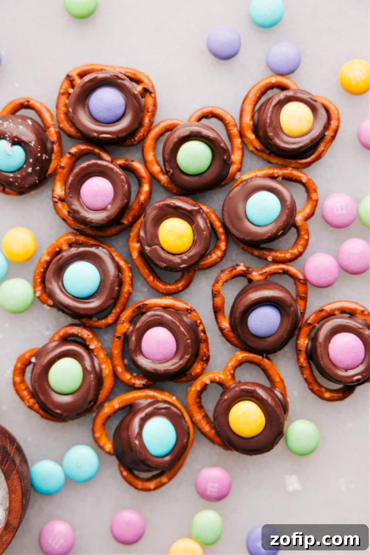 Vibrant Easter Pretzels adorned with spring-colored M&Ms, showcasing their perfect snack size and festive appeal.