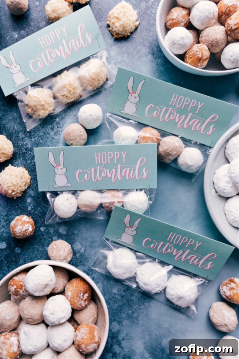Festive Easter Printable bag toppers featuring playful bunny tails and the text 'Hoppy Cottontails', ready to be attached to clear bags filled with sweet treats like donut holes, coconut macaroons, or Mexican wedding cookies. The image evokes a cheerful, DIY Easter gifting theme.