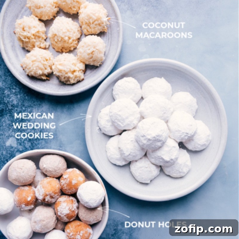 A charming arrangement of fluffy Coconut Macaroons, delicate powdered sugar-dusted Mexican Wedding Cookies, and golden glazed donut holes on pristine white plates, perfectly portioned and ready to be bagged and adorned with 'Hoppy Cottontails' Easter printable bag toppers, highlighting the 'bunny tail' resemblance of the treats.
