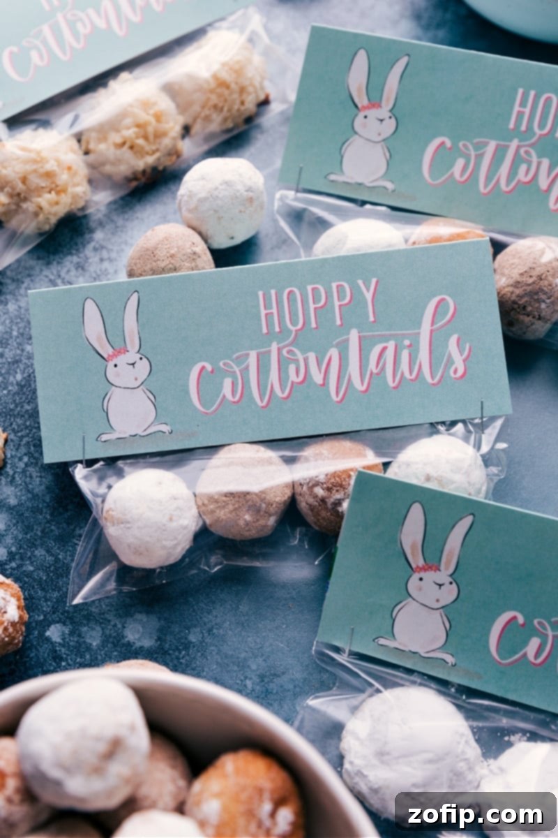 A heartwarming display of multiple clear bags, each generously filled with a medley of assorted donut holes, perfectly sealed and charmingly adorned with the 'Hoppy Cottontails' Easter printable bag toppers. This image beautifully illustrates how the DIY gifts look when ready for sharing.