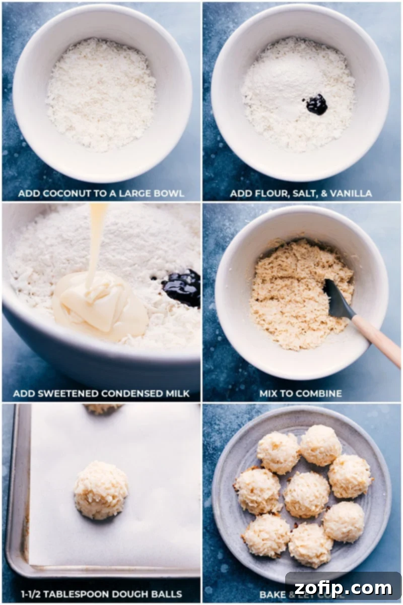 Simple Coconut Macaroons are made with minimal ingredients thanks to the "secret" -- sweetened condensed milk! These macaroons are sweet, chewy, and completely addictive, especially when dipped and drizzled in chocolate! If you are a coconut lover, you are going to go crazy for these cookies. Process shots showing the mixing of Coconut Macaroon ingredients in a bowl