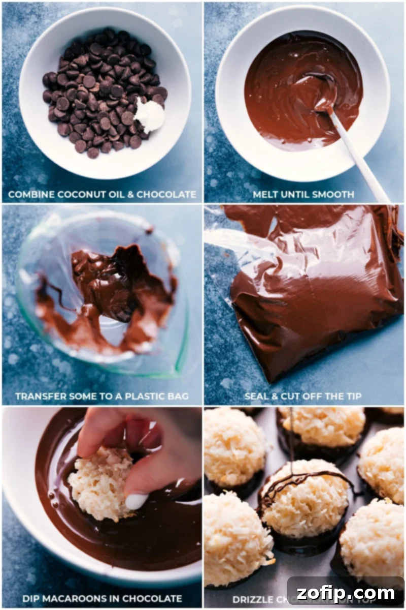 Simple Coconut Macaroons are made with minimal ingredients thanks to the "secret" -- sweetened condensed milk! These macaroons are sweet, chewy, and completely addictive, especially when dipped and drizzled in chocolate! If you are a coconut lover, you are going to go crazy for these cookies. Process shots showing melted chocolate for dipping Coconut Macaroons