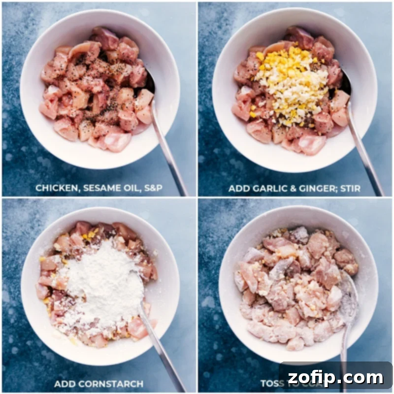 Process shots showing how to prepare and marinade the chicken for General Tso Ramen