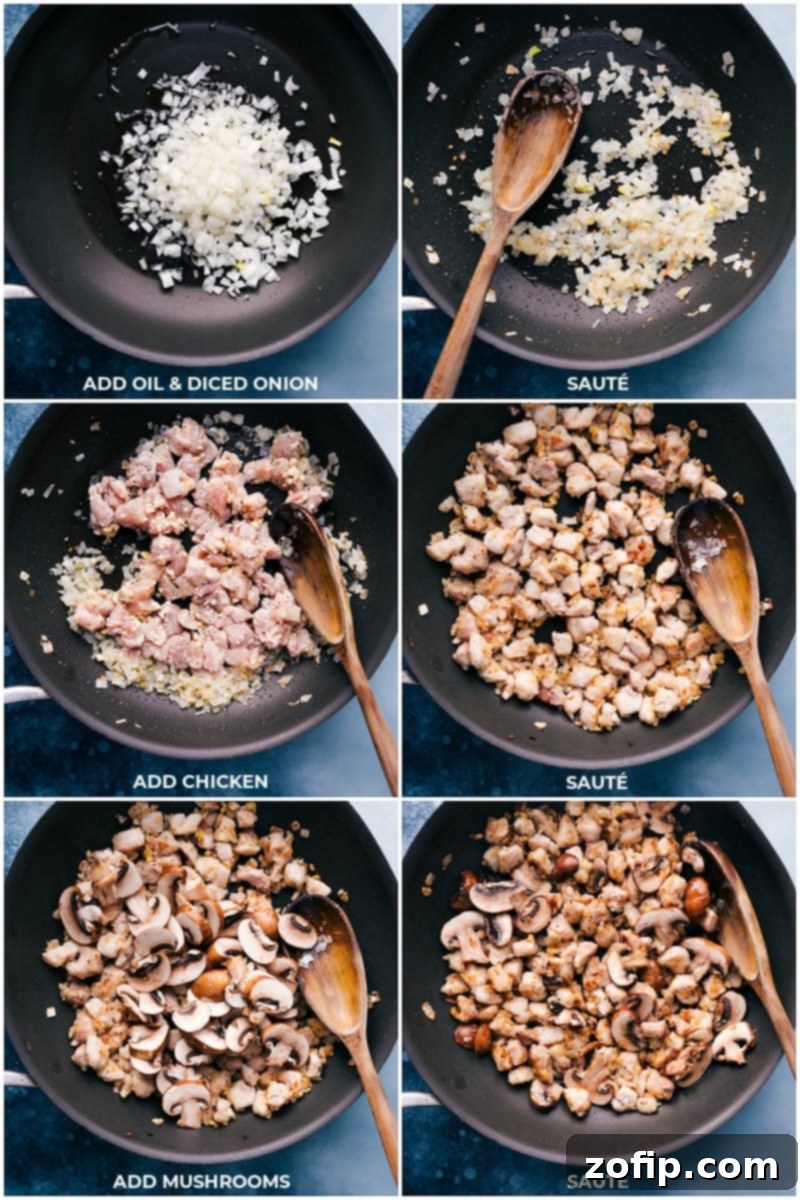 Process shots: sautéeing veggies and chicken in a large wok for the ramen dish