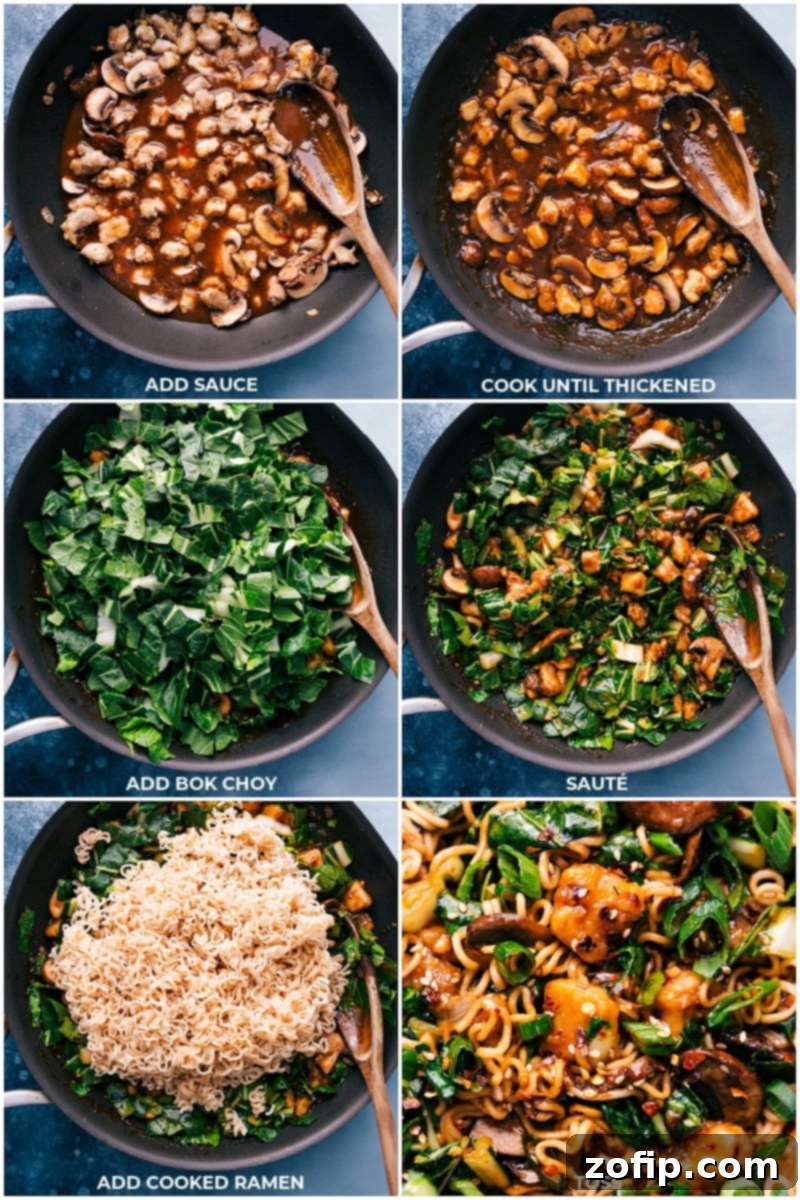 Process shots: adding sauce, bok choy and ramen noodles to finish the General Tso Ramen recipe