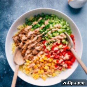 Close-up of the finished BBQ Pulled Pork Pasta Salad, showcasing its rich textures and vibrant colors.