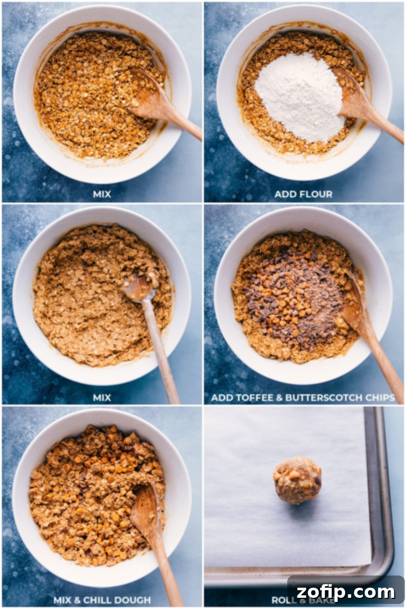 Process shots: A close-up view of the cookie dough in its final stages of preparation, showcasing the careful integration of all-purpose flour and delicious butterscotch chips.