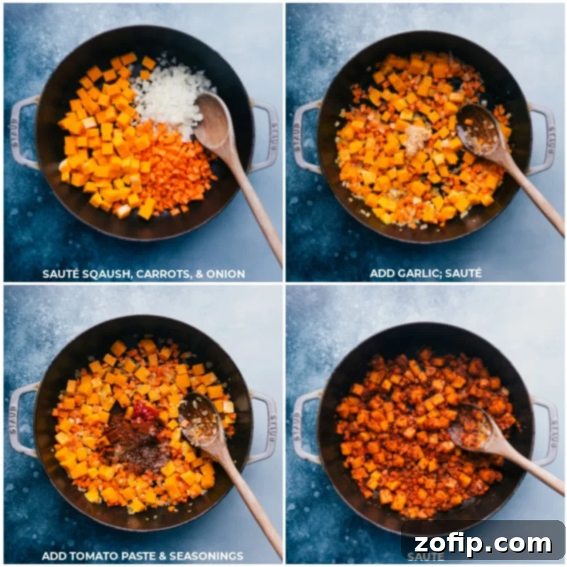 A step-by-step process image showing diced butternut squash, carrots, onions, minced garlic, tomato paste, and various seasonings being added to a pot, illustrating the sautéing phase of chili preparation.