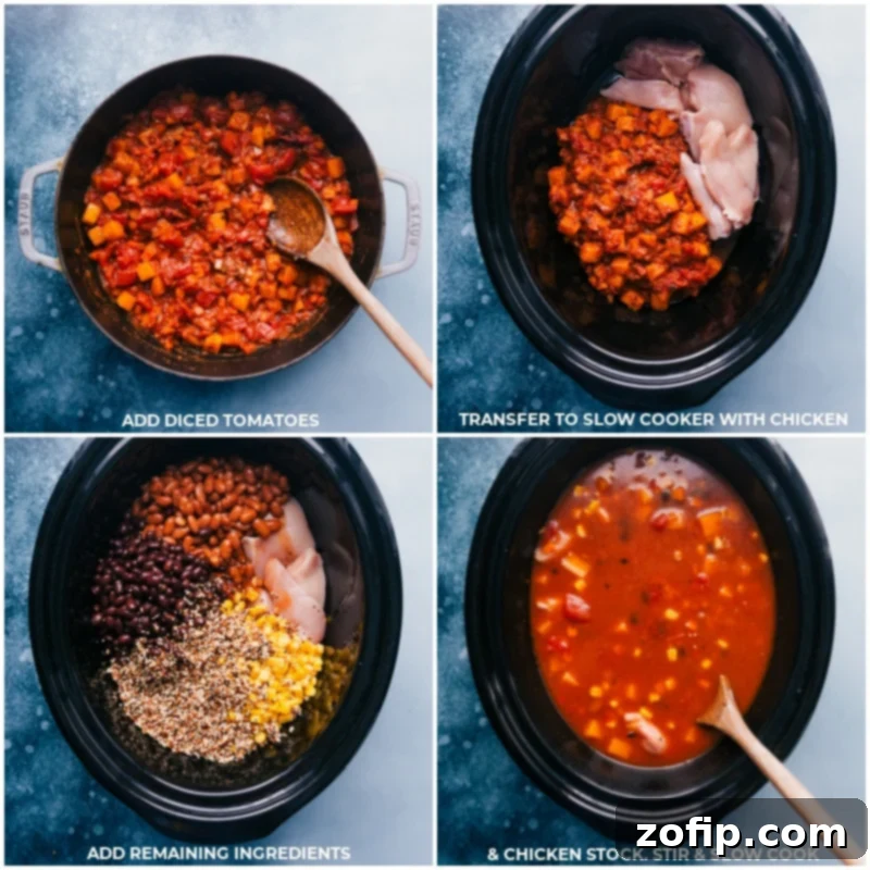 Process shots of Butternut Squash Chili showing diced tomatoes, raw chicken pieces, and other remaining ingredients being added and mixed thoroughly in a slow cooker, preparing for the long simmer.