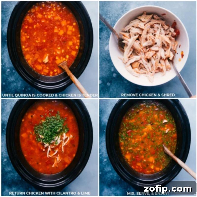 Process shots showing cooked chicken being removed from the slow cooker, shredded with two forks, and then returned to the chili, along with fresh cilantro and lime wedges, ready for serving.