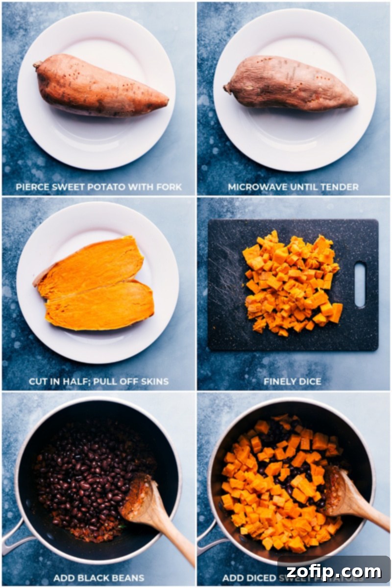 Preparing the Hearty Sweet Potato and Black Bean Egg Roll Filling with Fresh Vegetables and Savory Spices Process shots showing sweet potatoes being prepared and added to black beans for the egg roll filling, with a focus on fresh ingredients.