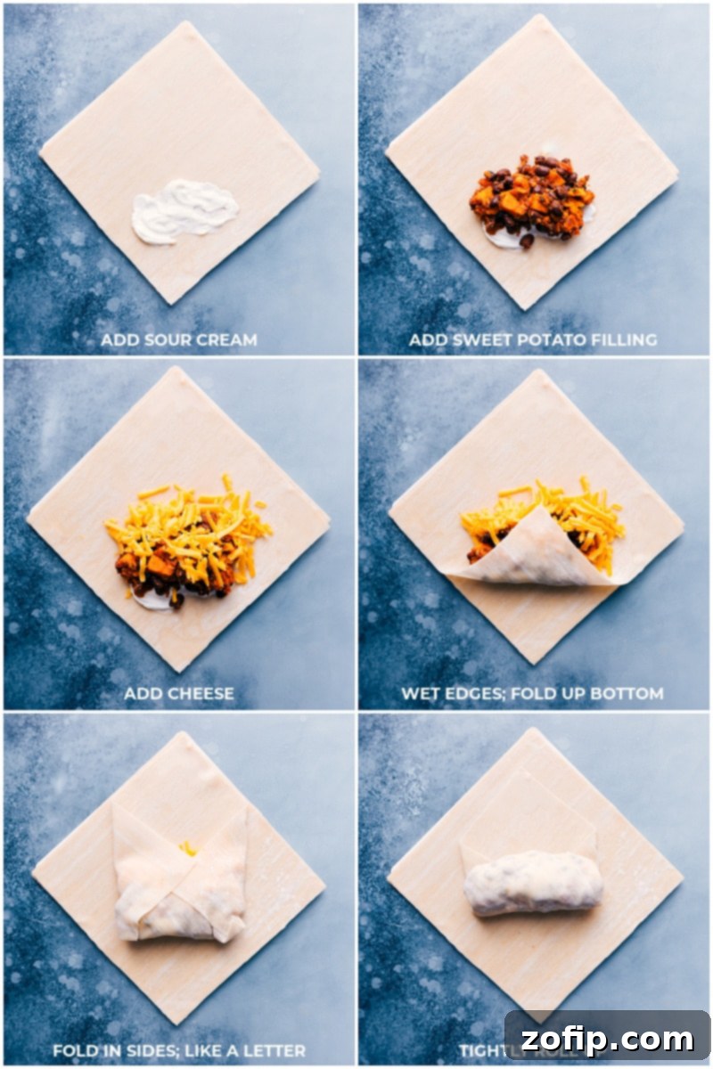 Step-by-Step Egg Roll Assembly: Rolling Sweet Potato and Black Bean Filling into Crispy Wrappers Process shots showing the careful assembly and rolling of egg rolls, demonstrating how to fold the wrappers neatly.