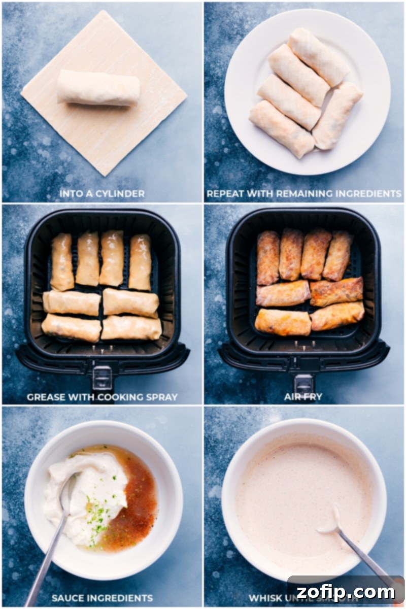 Air Frying Sweet Potato and Black Bean Egg Rolls and Whisking the Zesty Chili-Lime Sauce for a Perfect Meal Process shots demonstrating cooking egg rolls in an air fryer and preparing the vibrant chili-lime dipping sauce, showcasing the final product and its accompaniment.