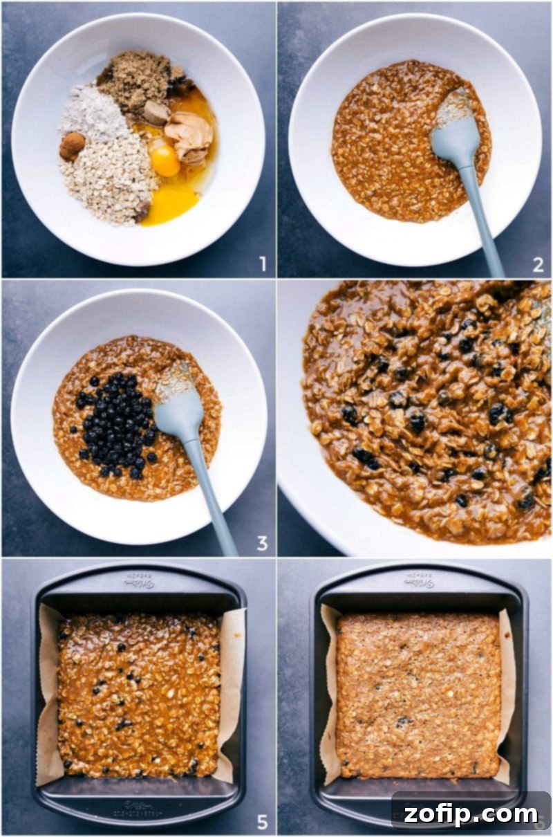 Process shots showing ingredients being added to a bowl, mixed, blueberries folded in, and the batter transferred to a prepared pan before baking.