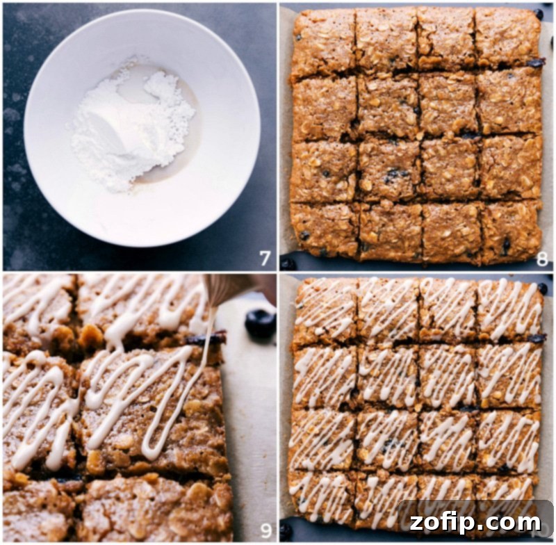 Image of the vanilla glaze being prepared and then artfully drizzled on top of the cooled blueberry oatmeal bars.