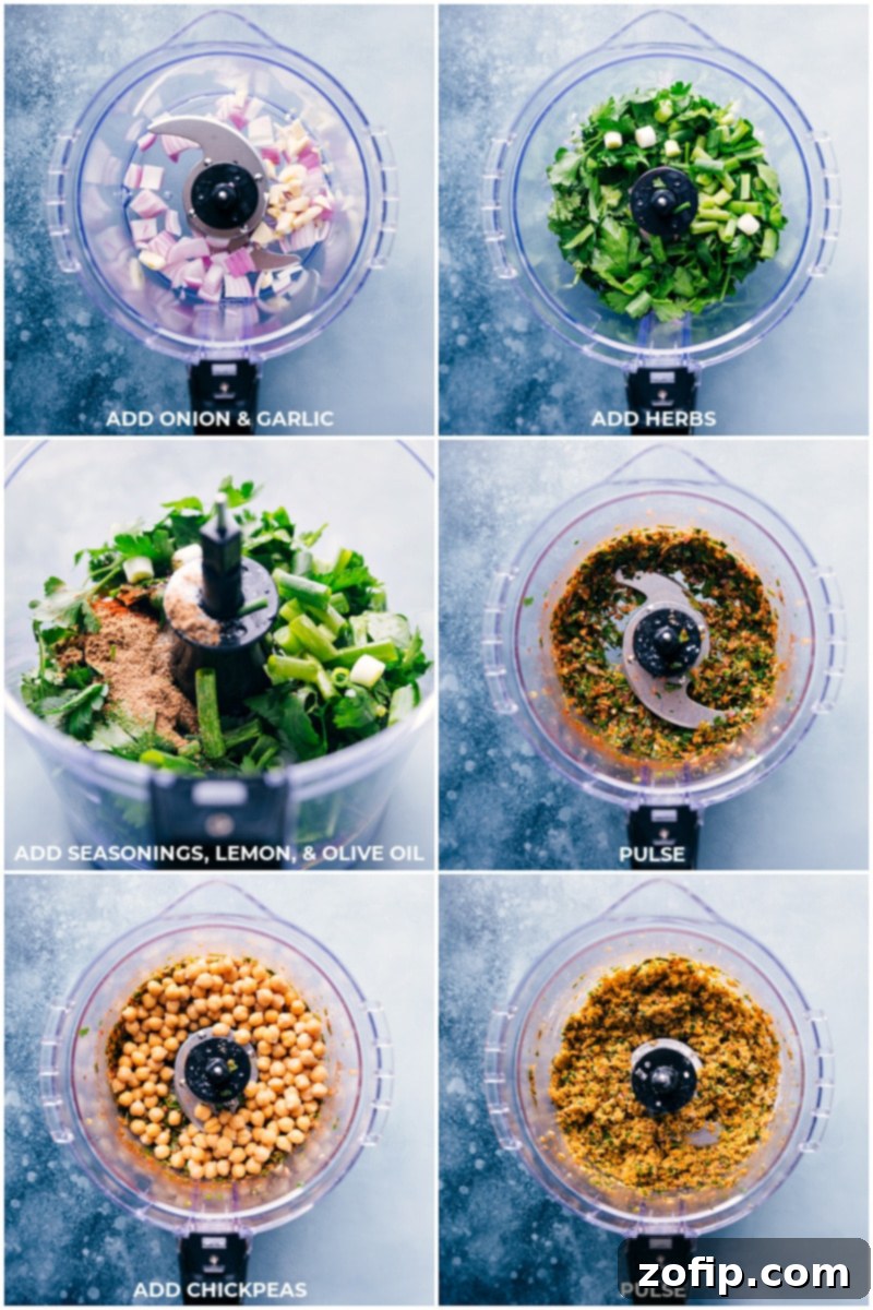 Process shots: A food processor containing the vibrant green mixture of chickpeas, fresh herbs, and spices, ready to be blended for falafel.