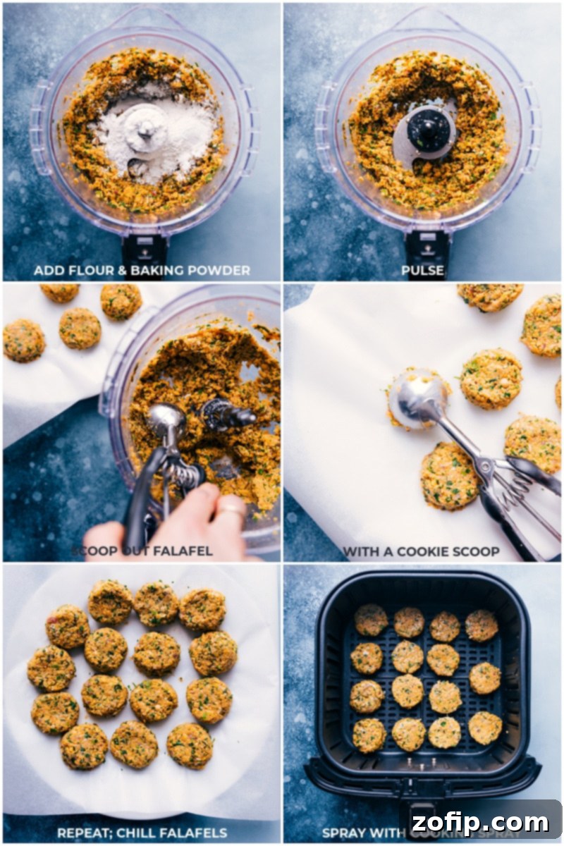 A close-up shot of the raw falafel mixture, showing the finely chopped chickpeas, herbs, and spices before forming into patties.