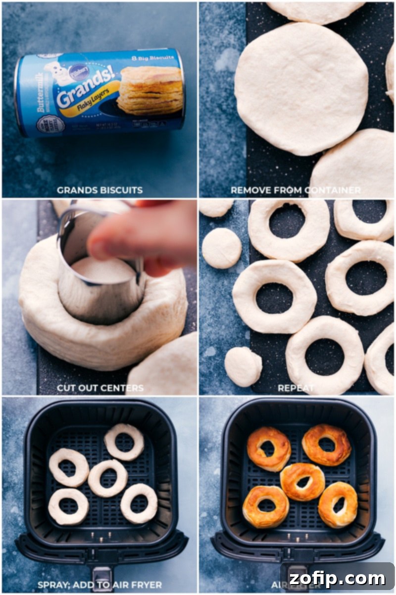 Process shots showing how to make air fryer donuts: removing biscuits from packaging, cutting out centers, spraying and adding to the air fryer basket, and cooking.