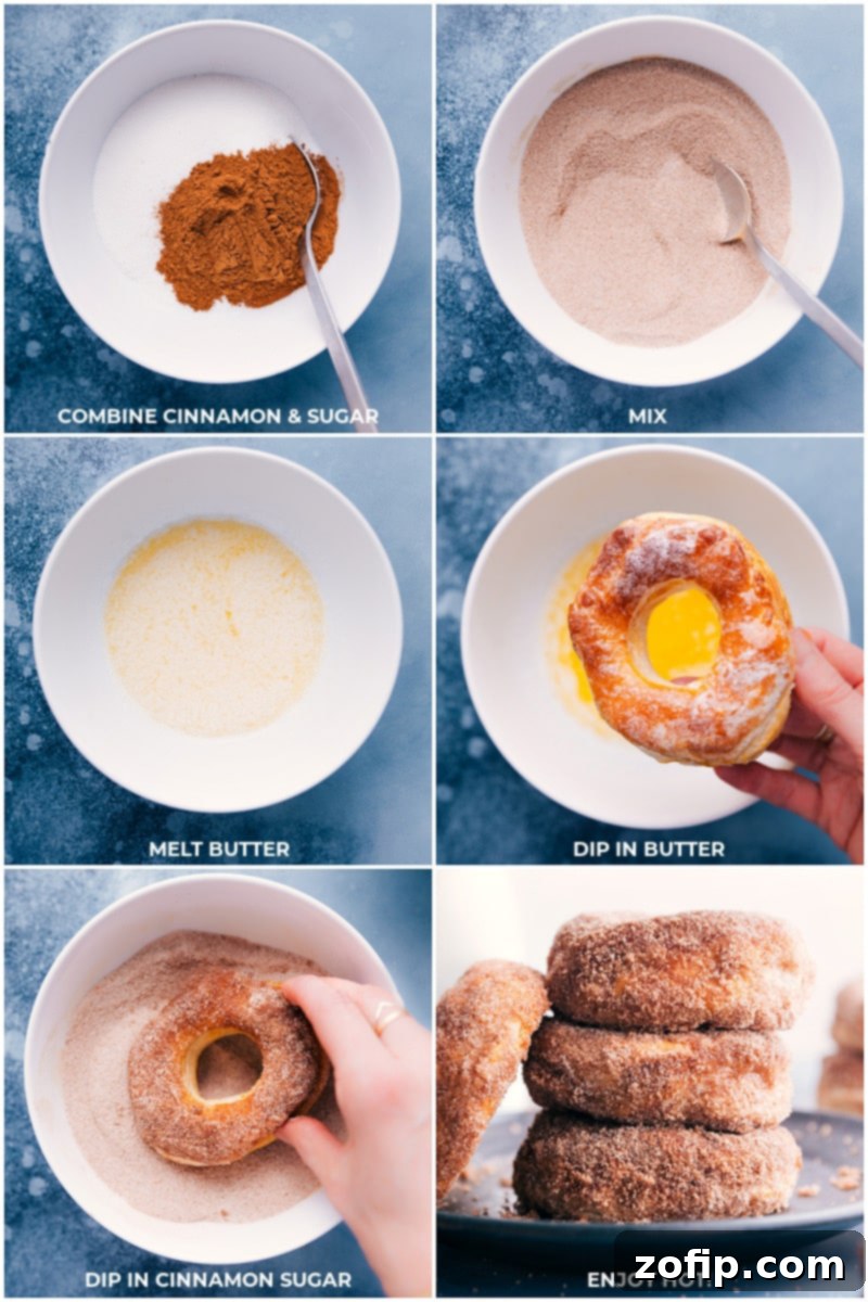 Process shots of air fryer donuts: images of the cinnamon-sugar mixture being made, the donuts being dipped in melted butter, and then coated in cinnamon sugar.